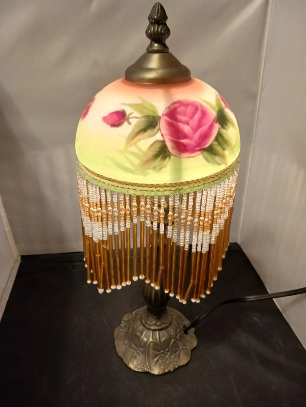 Vintage Floral Table Lamp with Beaded Fringe Tiffany Style Hand Painted Shade